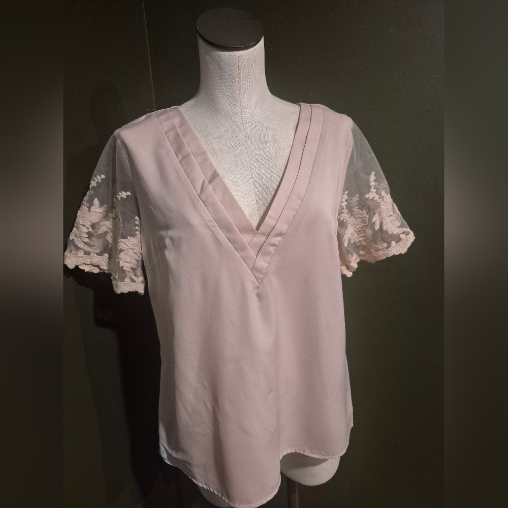 Elegant Lace Sleeve Blouse - Blush Pink